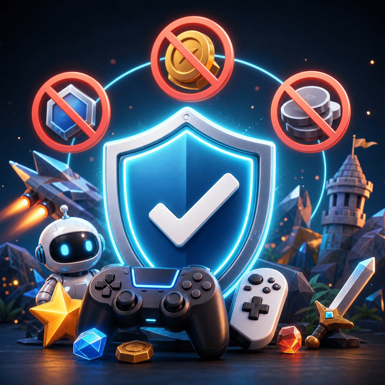 Scudo luminoso sopra controller e simboli di gioco