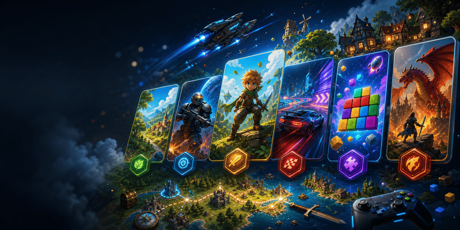 Illustrazione gaming con carte fluttuanti